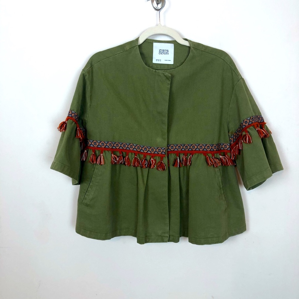 ZARA Short Sleeve Olive Green Denim Jacket Tassels
